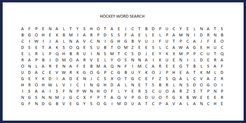 Hockey word search party game for Stanley Cup Playoffs 2019