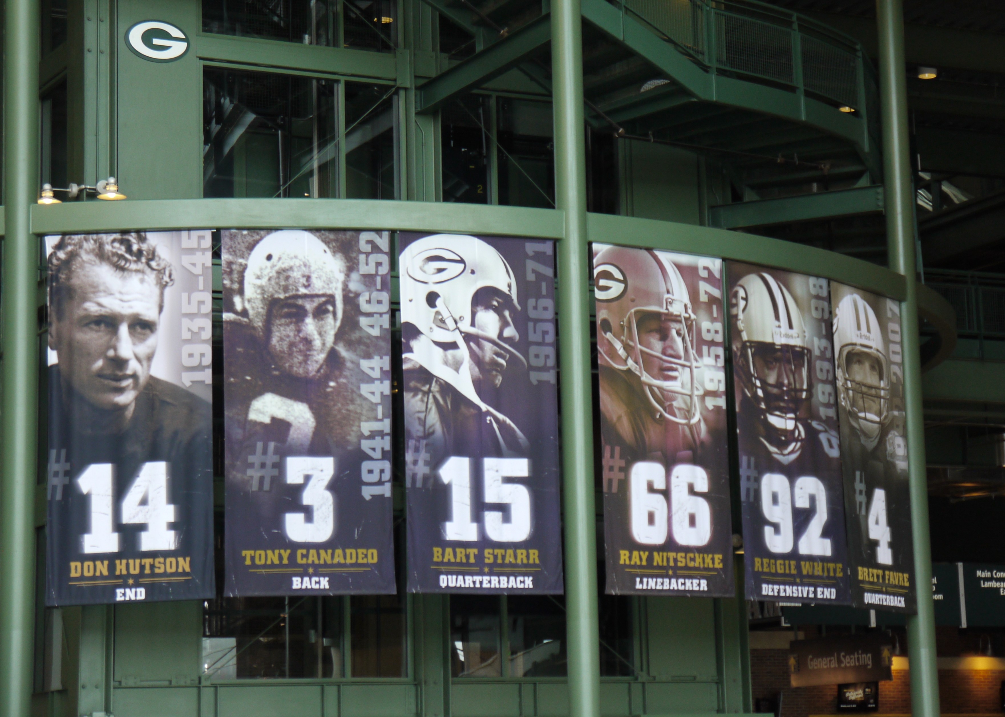 A banner honoring #15 hangs in the atrium of Lambeau Field, at 1265 Lombardi Avenue in Green Bay