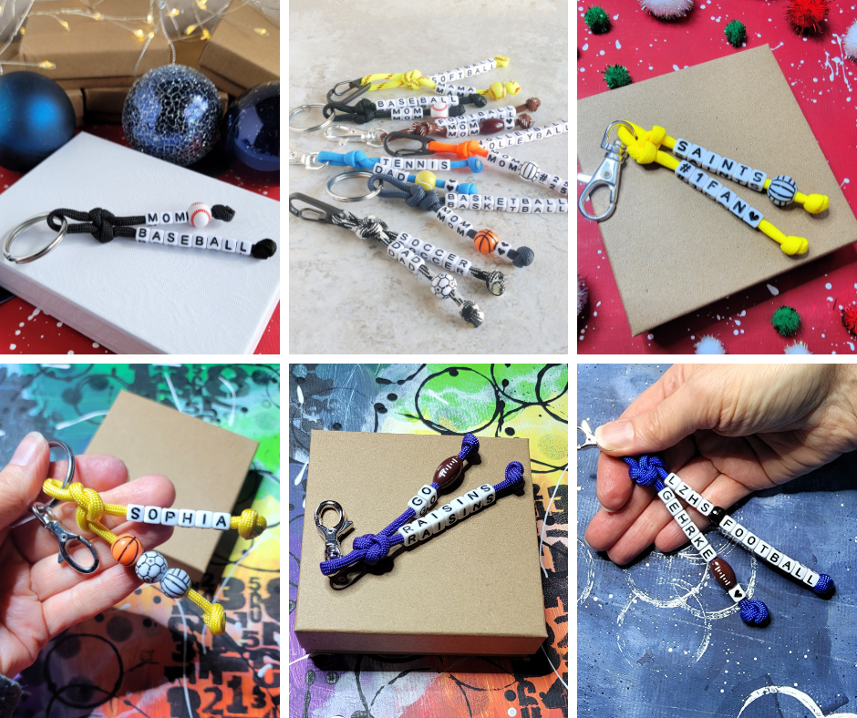 Personalized keychains with sports beads for baseball, basketball, tennis, golf, softball, football, soccer, volleyball.